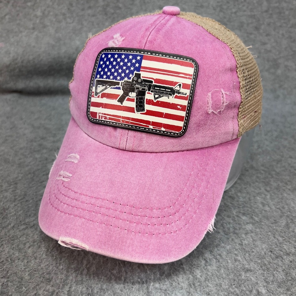 American Flag Rifle Patch Womens Pink Unbranded Trucker Hat Distressed Ponytail